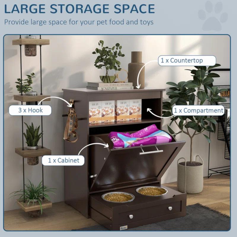 Lark Manor™ Buellton Pawhut Pet Feeder Station, Storage Cabinet Dog Food Storage Container With Raised Dog Bowls And Hanger