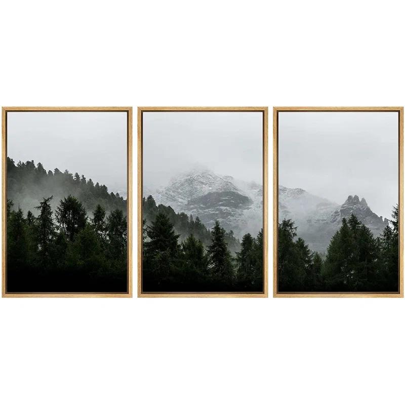 IDEA4WALL Misty Forest Landscape Mountain With Fog Natural Framed Canvas 3 Pieces Photograph Print Wall Art