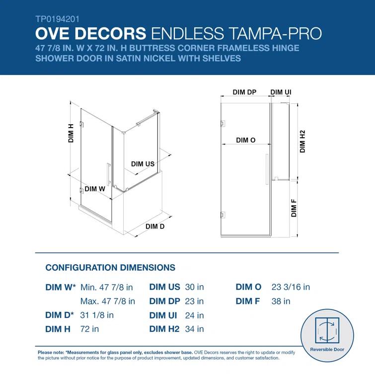 Ove Decors Endless Tampa-Pro 47" W x 72" H Buttress Corner Shower Kit, Door, Panel, Shelves TP0194201