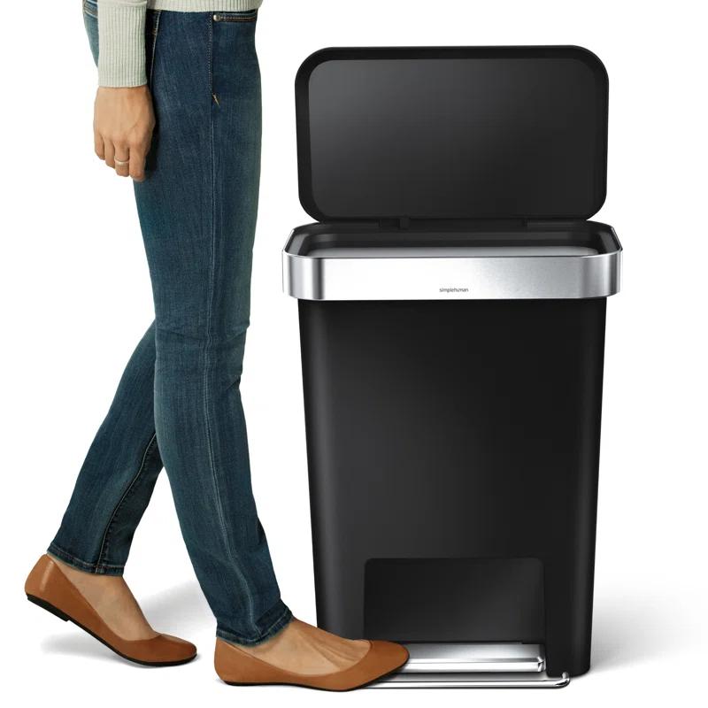 Simplehuman 45 Liter Rectangular Kitchen Trash Can with Liner Pocket, Black Plastic