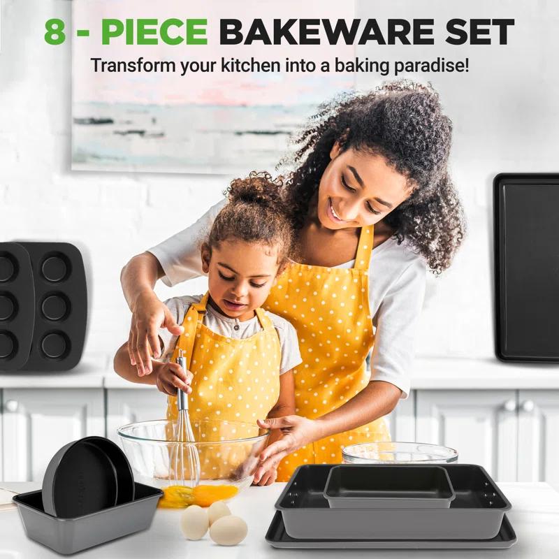 NutriChef 8-Piece Nonstick Stackable Bakeware Set - Pfoa, Pfos, Ptfe Free Baking Tray Set W/ Non-Stick Coating, 450°F Oven Safe, Round Cake, Loaf, Muffin, Wide/Square Pans, Cookie Sheet