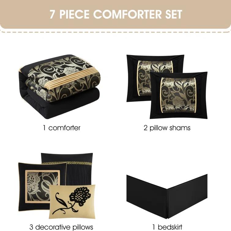 Nanshing America, Inc Fennville Black/Gold/Beige Microfiber 7 Piece Comforter Set