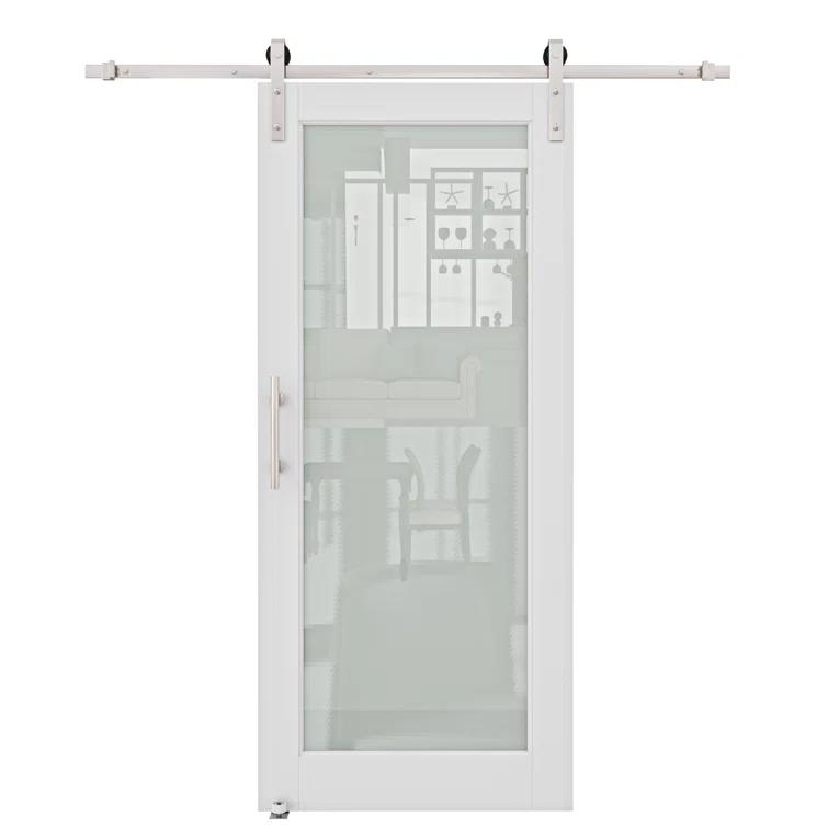 Home Worthy Frosted Glass Solid Manufactured Wood Painted Sliding Barn Door with Nickel-Hardware Kit(No Assembly Required)