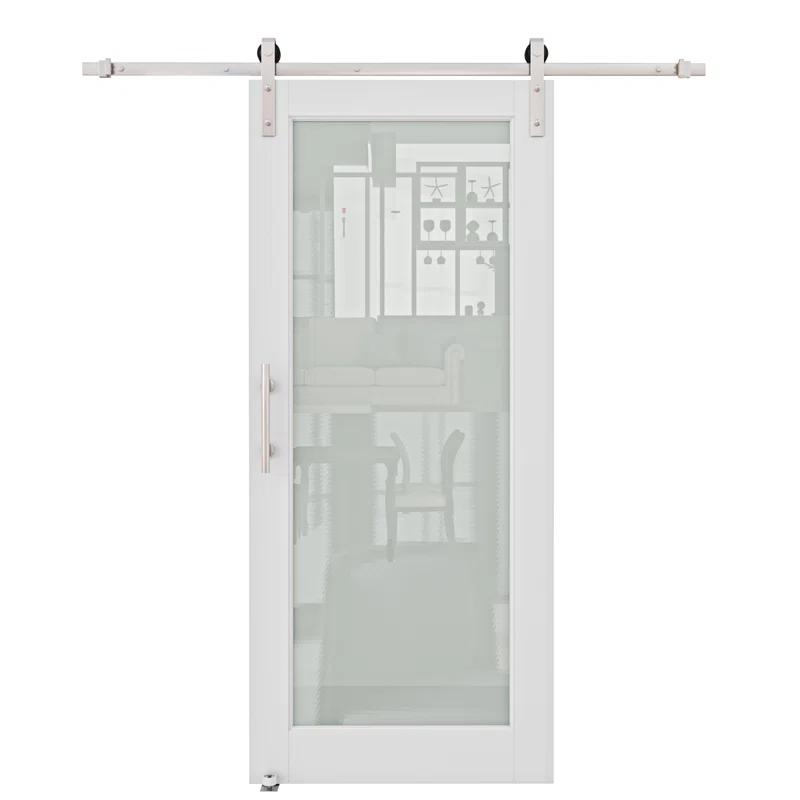 Home Worthy Frosted Glass Solid Manufactured Wood Painted Sliding Barn Door with Nickel-Hardware Kit(No Assembly Required)