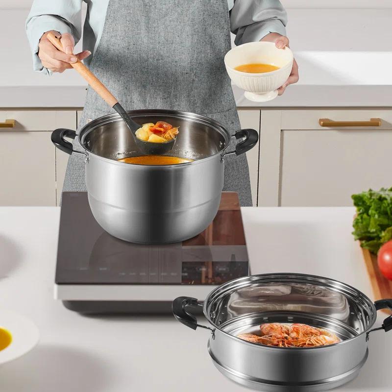 Stellweilan Tessberg Steamer Pot 11in/28cm, 3 Tier Steamer Pot for Cooking with 8.5QT Stock Pot, Vegetable Steamer & 2 Steaming Tray, Food-Grade 304 Stainless Steel Food Steamer Cookware for Gas Electric Stove Grill