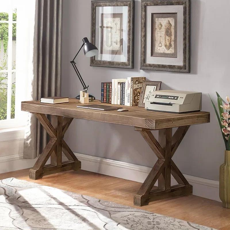 Rustic Farmhouse Computer Desk In Natural With Trestle Base Wooden Office Desk