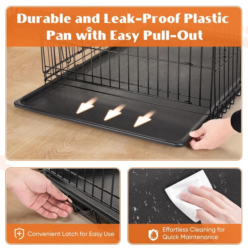 Ebern Designs Medium Dog Crate With Divider Panel, 30 Inch Double Door Folding Metal Wire Dog Cage With Plastic Leak-Proof Pan Tray, Pet Kennel For Indoor, Outdoor, Travel