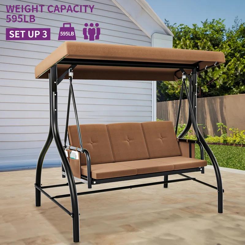 Arlmont & Co. 3-Person Porch Swing with Cup Holders with Removable Cushions and Convertible Canopy