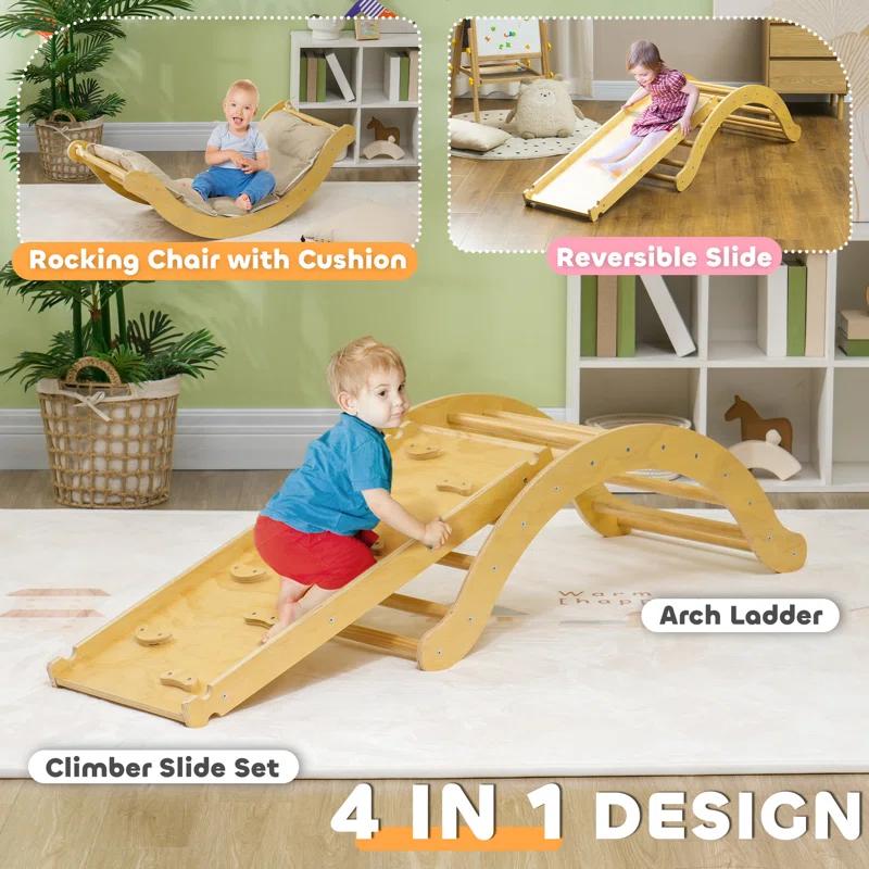 Qaba Toddler Climbing Toys, Indoor 4 In 1 Pikler Climbing Set with Arch Climber, Ramp & Cushion, Wooden Montessori Climbing Set, Baby Play Gym for Indoor Playground, Wood | Wayfair