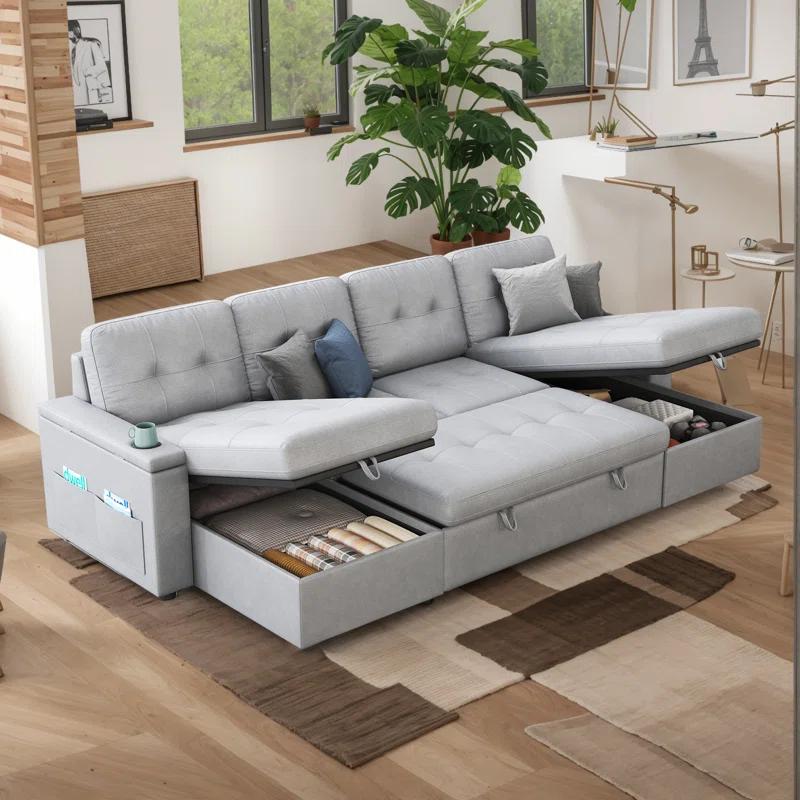 Latitude Run® Pull Out Sofa Bed With 2 USB Ports & Cup Holders, U Shaped Sleeper Sofa Bed With Dual Storage Chaise- Drak Gray