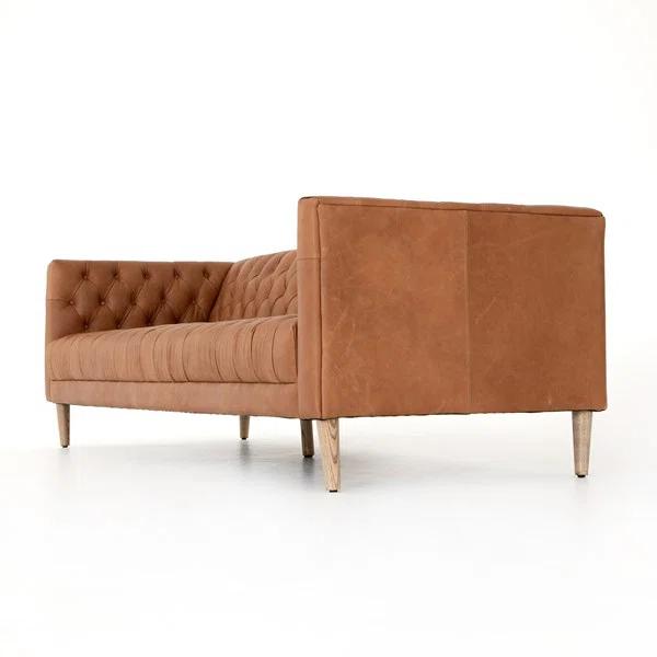 Rollins 90" Natural Washed Camel Leather Button Tufted Sofa