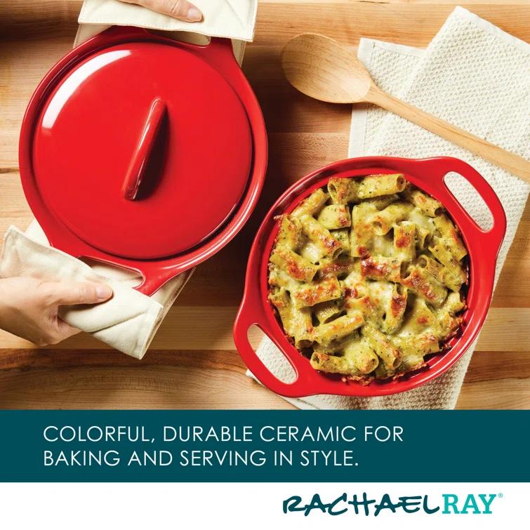 Rachael Ray Rachael Ray Ceramic Casserole Bakers Set, Includes 1.5-Quart And 2-Quart Round Casserole, With Shared Lid, 3 Piece, Red