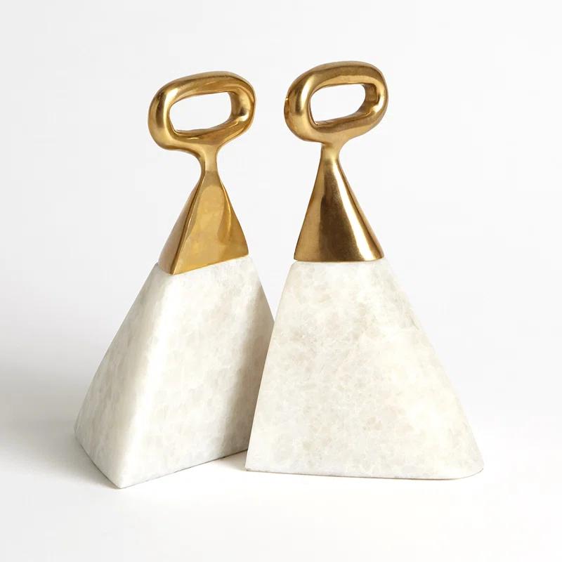 White Marble and Brass Equestrian Bookends