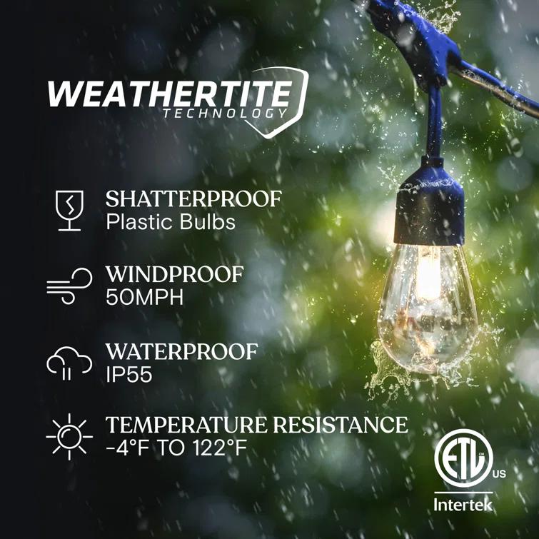 Brightech Ambience Pro 48 ft. Solar-Powered Outdoor LED String Lights with 15 Warm White S14 Bulbs, Weatherproof and Commercial-Grade Cord