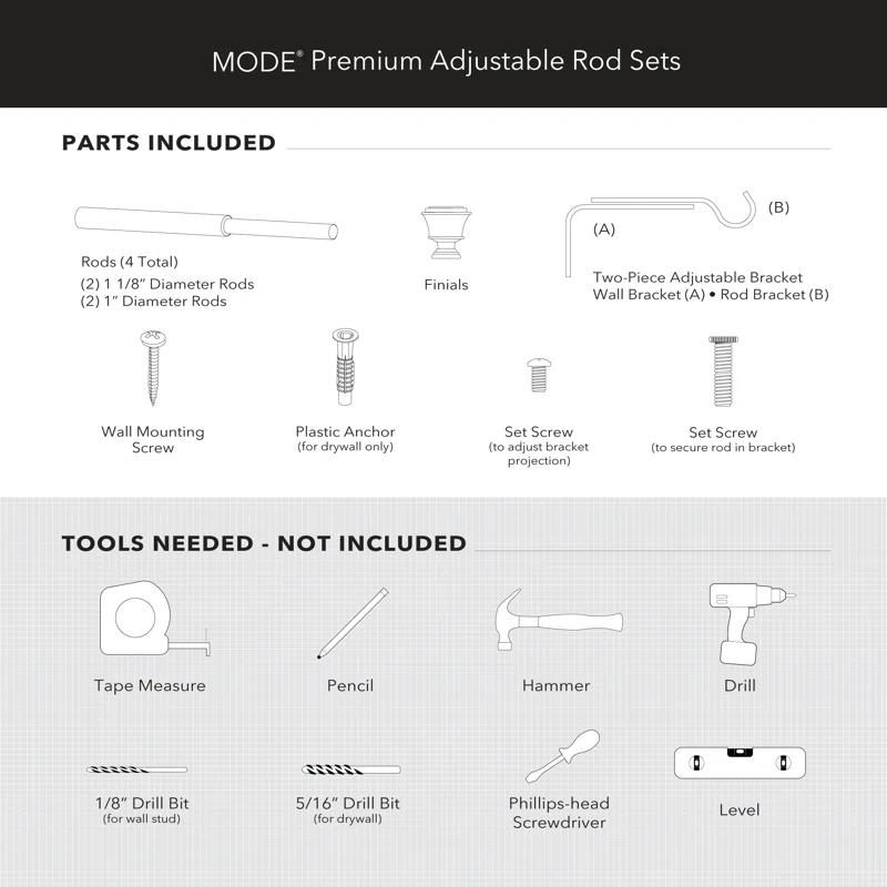 MODE Mode Premium Collection 1 1/8 in Diameter Curtain Rod, Cylinder Finials and Steel Wall Mounted Adjustable Rod