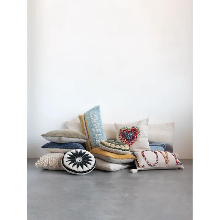 Creative Co-Op Woven Cotton Punch Hook Lumbar Pillow with "Sun Please" Design