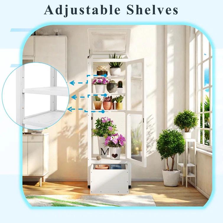 mosaicmotifco Wood Garden Greenhouse Balcony Portable Mini Cold Frame With Movable Storage Box, Adjustable Shelves And 1 Drawer