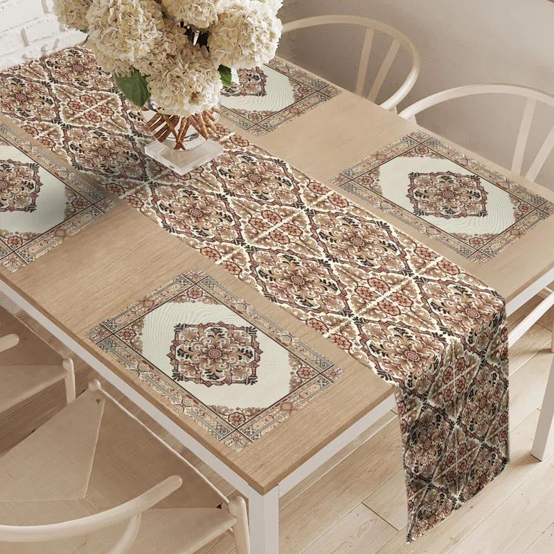 Ambesonne Ambesonne Oriental Floral Table Runner & Placemats Placemat 4 pcs + Runner 16"x72" Brown Caramel