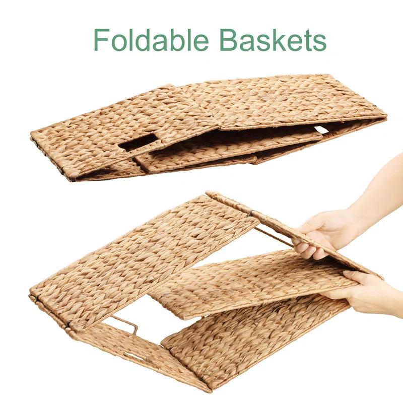 Rectangular Natural Water Hyacinth Hand Woven Rattan Wicker Storage Basket Set with Iron Wire Frame