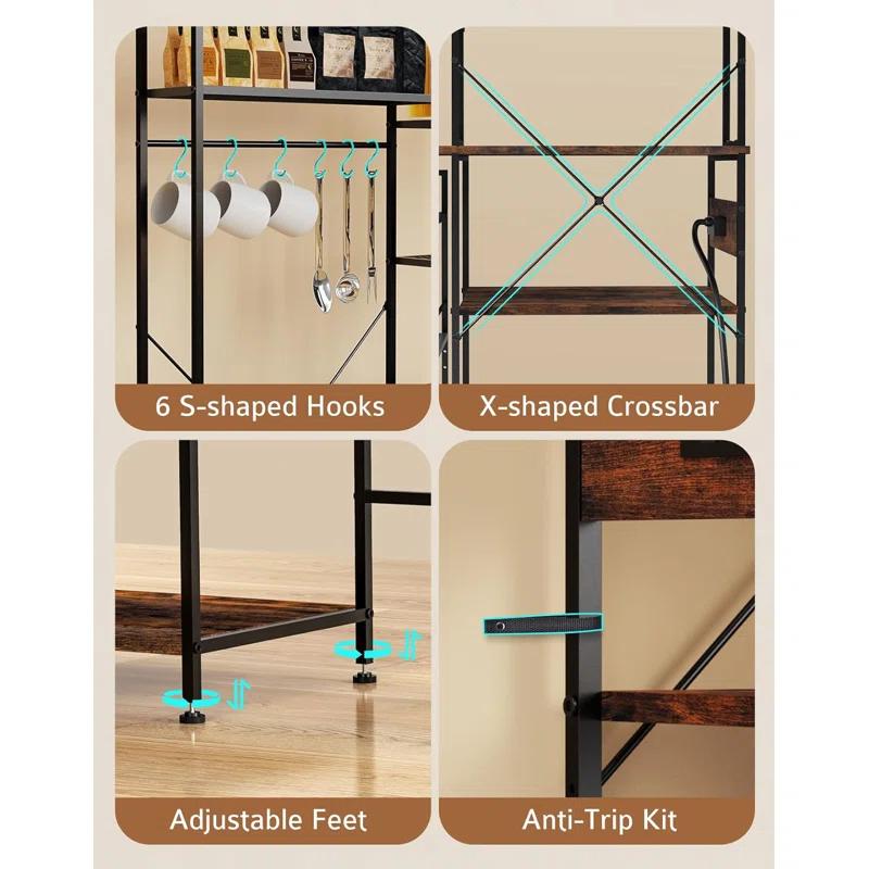 17 Stories Bakers Rack With Mobile Kitchen Utility Shelf ,Adjustable Height, Multi-Compartment Storage With Power Outlet ,6 Hooks For Bread Machines, Coffee Bar, Microwave Stand, Rustic Brown And Black