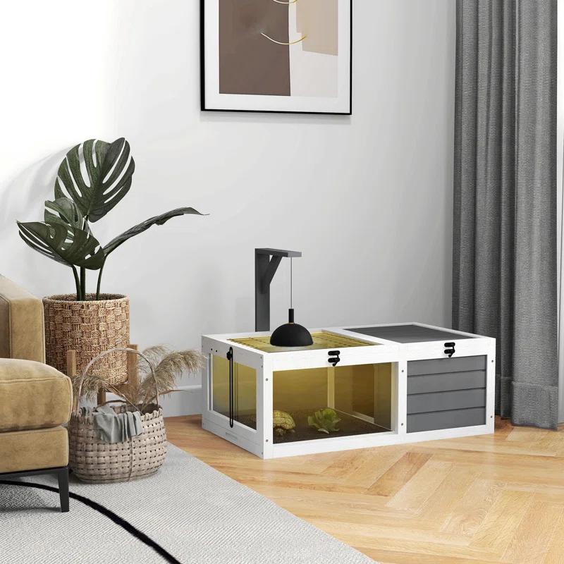 Tucker Murphy Pet™ Tortoise Habitat, Wooden Tortoise House, Indoor Outdoor Tortoise Enclosure With Lamp Holder, Pull-Out Waterproof Trays, Openable Lids, Gray