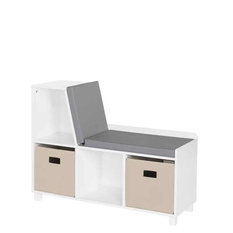 RiverRidge Home RiverRidge Kids Reading Book Nook Cushioned Toy Storage Bench with Cubby Organizers and 2 Fabric Bins- White