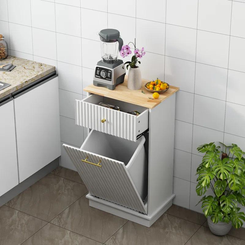 Alaulm 10 Gallons Tilt out Trash Can Cabinet with Drawer, Freestanding Kitchen Trash Can Cabinet (Not Include Trash Can)