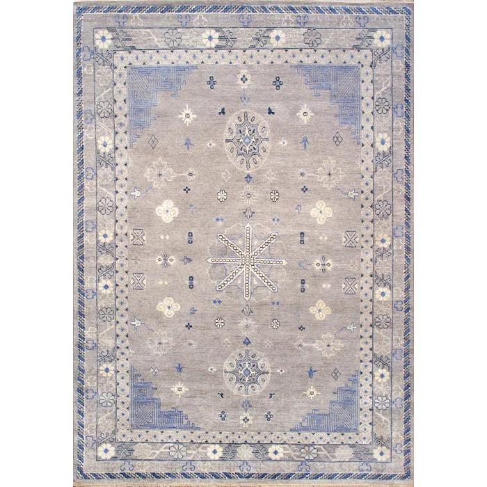Pasargad Khotan Oriental Hand-Knotted Rectangle 9'1" x 12'11" Wool Area Rug in Silver/Blue/Beige