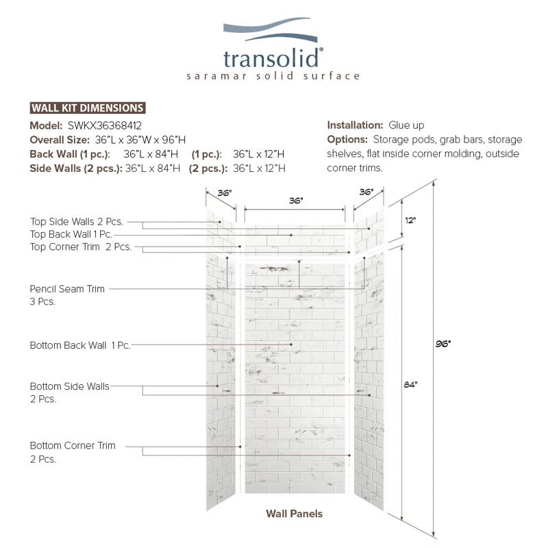 Transolid SaraMar 36'' W 36'' D 96'' H Glue Up Solid Surface Wall