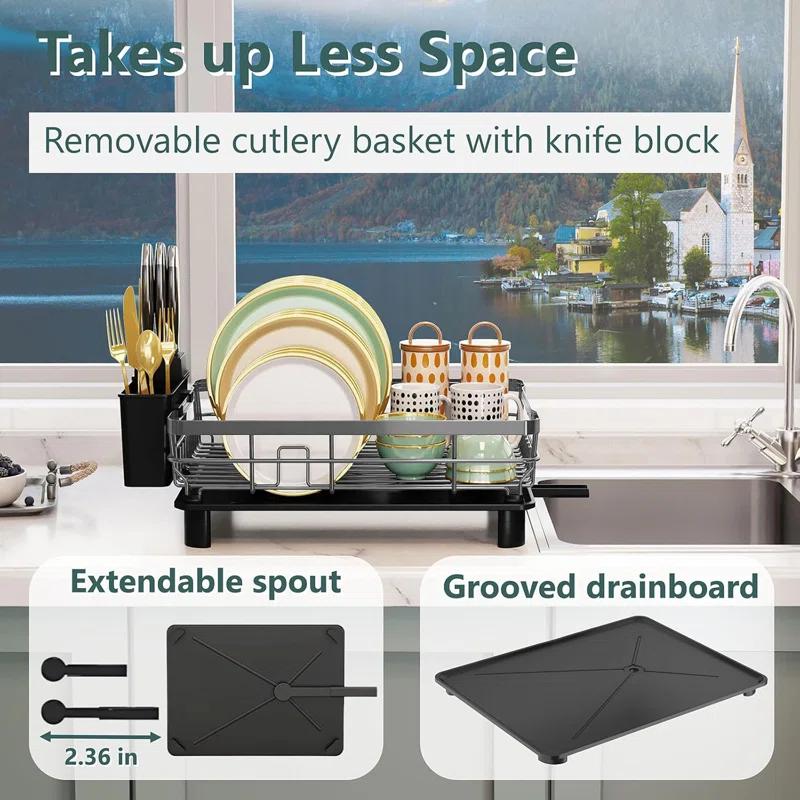 THE GLAMOUR BOUTIQUES Iron Dish Drying Rack With Drainboard Dish Drainers For Kitchen Counter Extendable Spout Strainers With Utensil Holder And Knife Slots, Grey