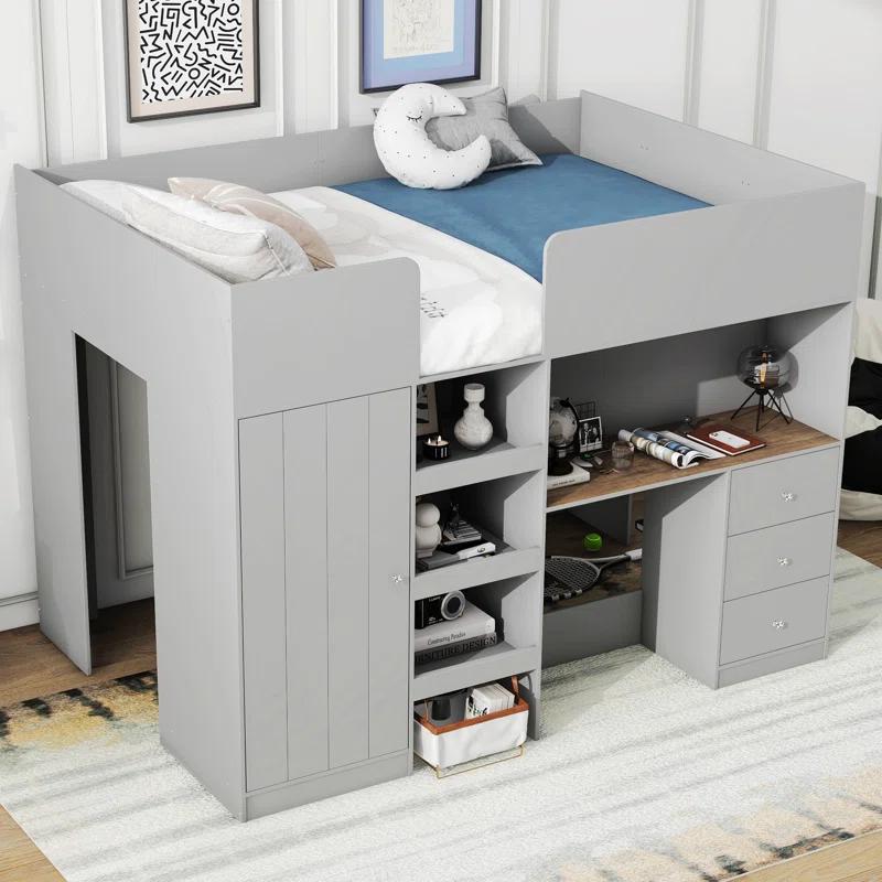 NTYUNRR Wood Full Size Loft Bed With Built-In Wardrobe