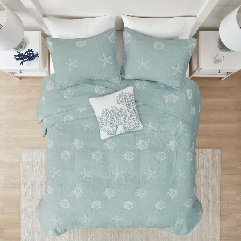 Seaside 4 Piece Cotton Reversible Embroidered Quilt Set