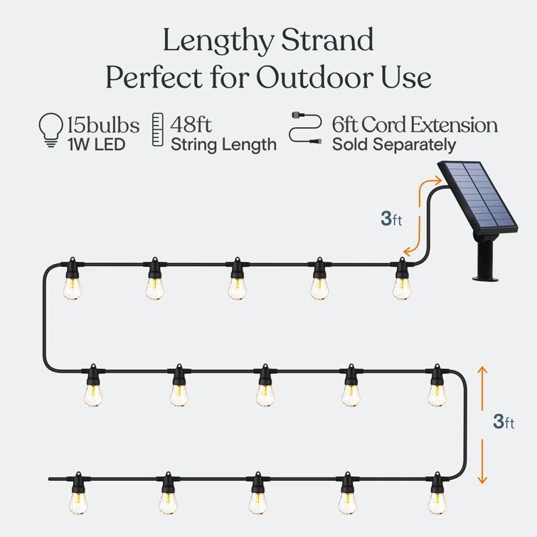 Brightech Ambience Pro 48 ft. Outdoor Solar-Powered LED String Lights with 15 Soft White S14 Bulbs, Weatherproof, Commercial-Grade Cord