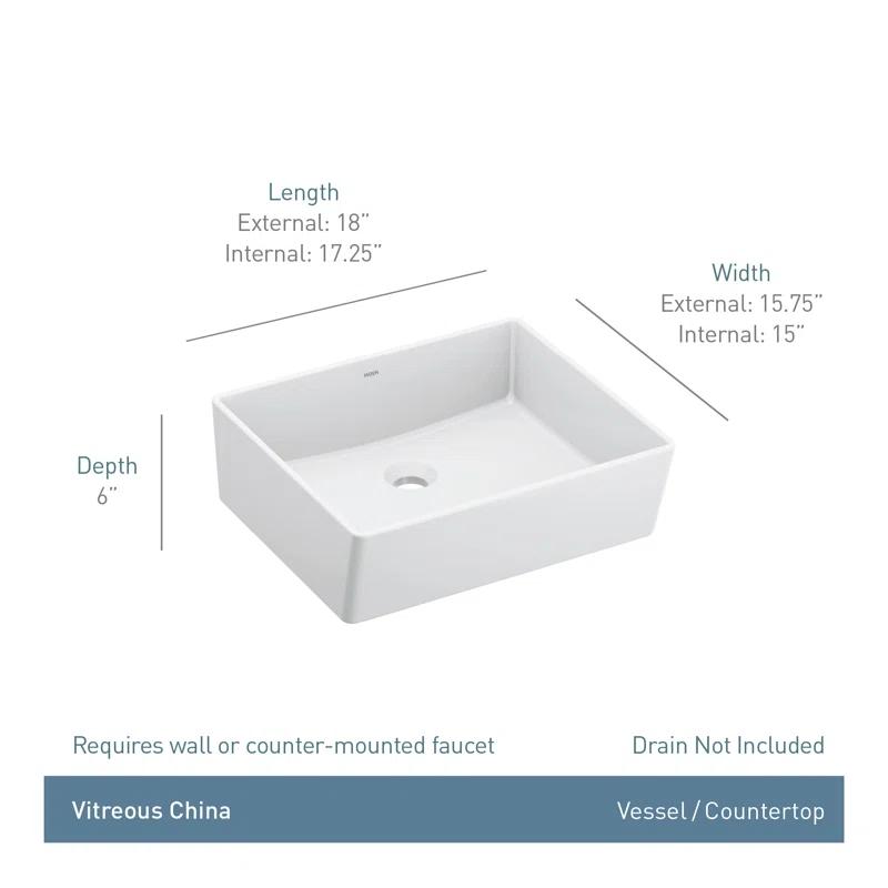 Moen BGCW10RV1618 White Vitreous China Vessel Sink For Bathroom, 18 X 15.75 X 6 Inch Rectangle Sink With Porcelain Ceramic Bowl