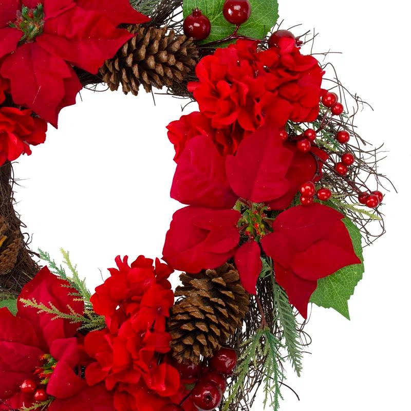 Northlight Seasonal Red Poinsettia and Hydrangea Flowers with Berries Artificial Christmas Wreath - 24-Inch Unlit