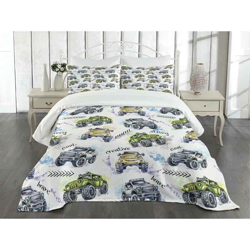 Ambesonne Ambesonne Cars Bedspread Set Hand Drawn Monster Truck Yellow Lavender Blue