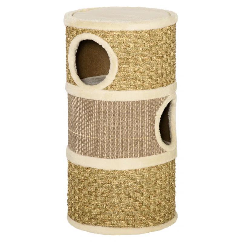 George Oliver 28 Inch Cat Condo, 3 Story Cat Hideaway with Sisal Scratching Pad, Barrel Shaped Small Cat Tree