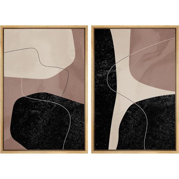 IDEA4WALL Mid Century Shape "Brown And Black Abstract Neutral Line Chic Framed Canvas Print 2 Pieces Wall Art