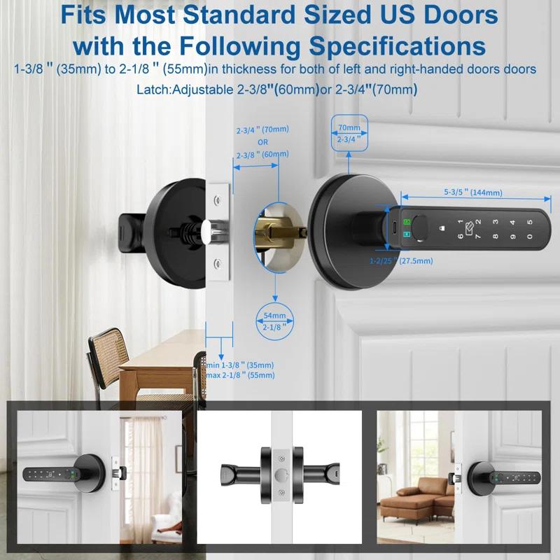 Smart Fingerprint Door Lock: Fingerprint Door Handle-Biometric 5 In 1 Fingerprint Door Lock-Bedroom Smart Door Handle-APP Control-Easy To Install-Round Black-1 Pack