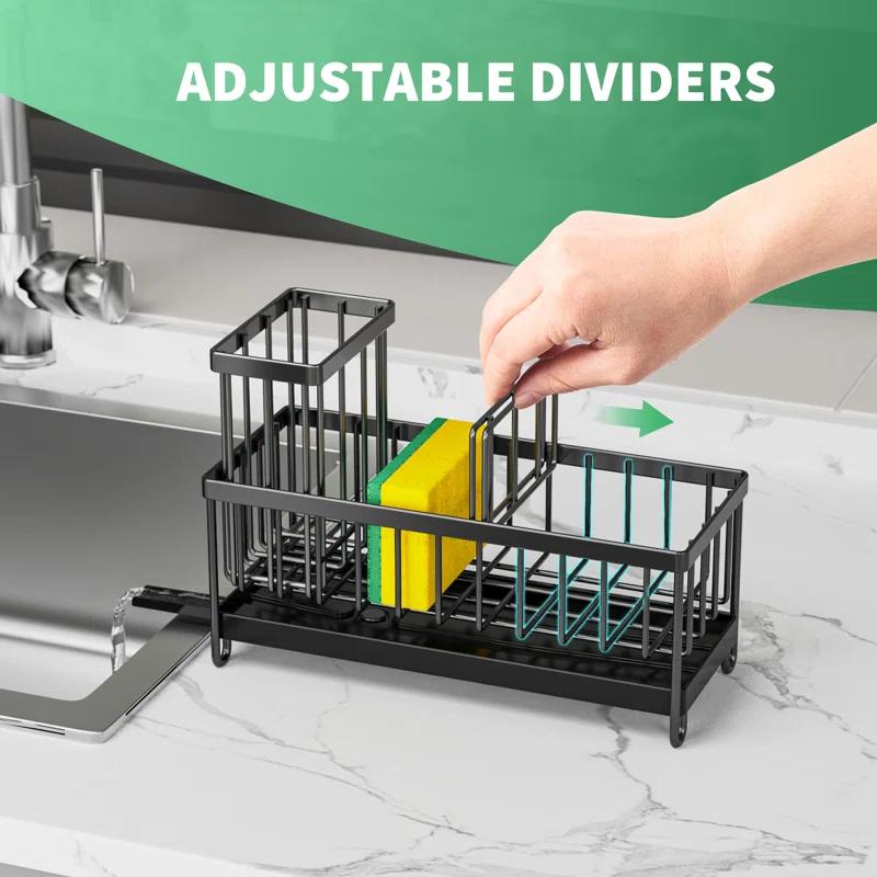 WhiteDream Sponge Holder For Kitchen Sink, Sink Caddy With High Brush Holder, Kitchen Sink Organizer Countertop Rustproof 304 Stainless. Black