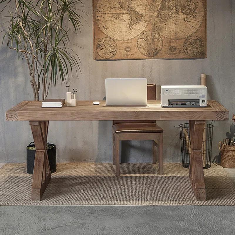 Rustic Farmhouse Computer Desk In Natural With Trestle Base Wooden Office Desk