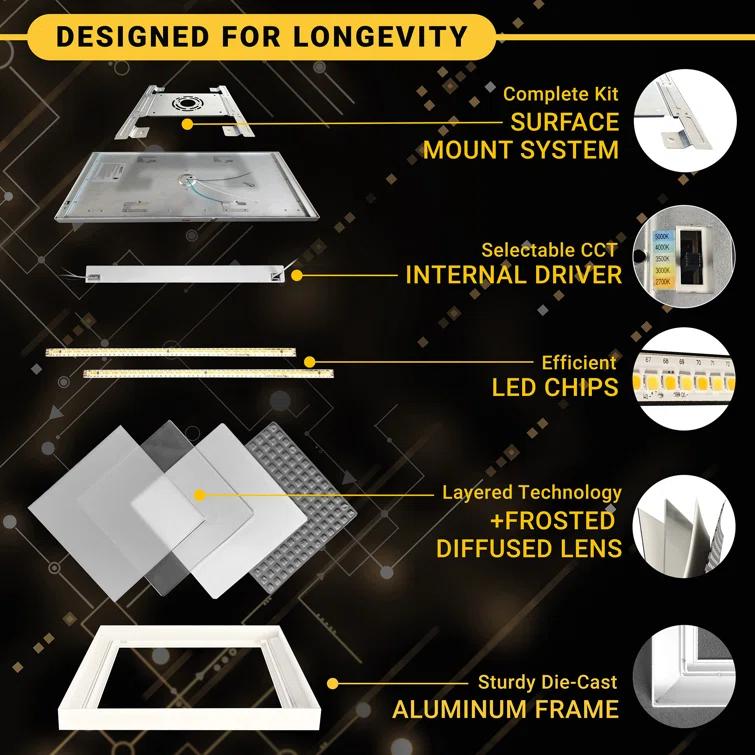 NUWATT NUWATT 4 Pack, 1x1 Flat Panel LED Square Light, 5CCT 2700K/3000K/3500K/4000K/5000K Selectable, 1500LM 18W, Internal Driver, Dimmable, 120V, CRI90, 12" Inch Square Surface Mount Ceiling Light, 1" Thick (Set of 4)