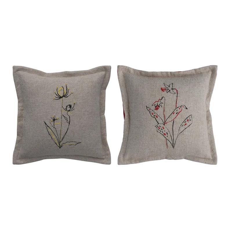 Gray Floral Embroidered Linen Cotton Square Throw Pillow Set