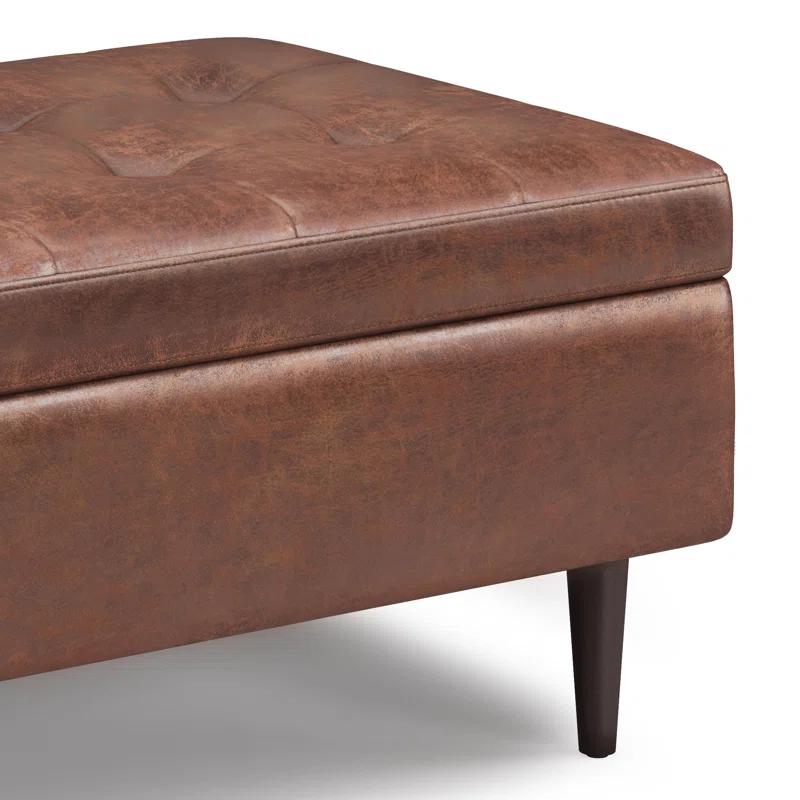 Simpli Home Shay 34"W Upholstered Coffee Table Storage Ottoman with Lift Top and Tufted Detailing