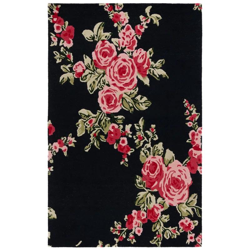 Handmade Black and Pink Floral Wool Area Rug