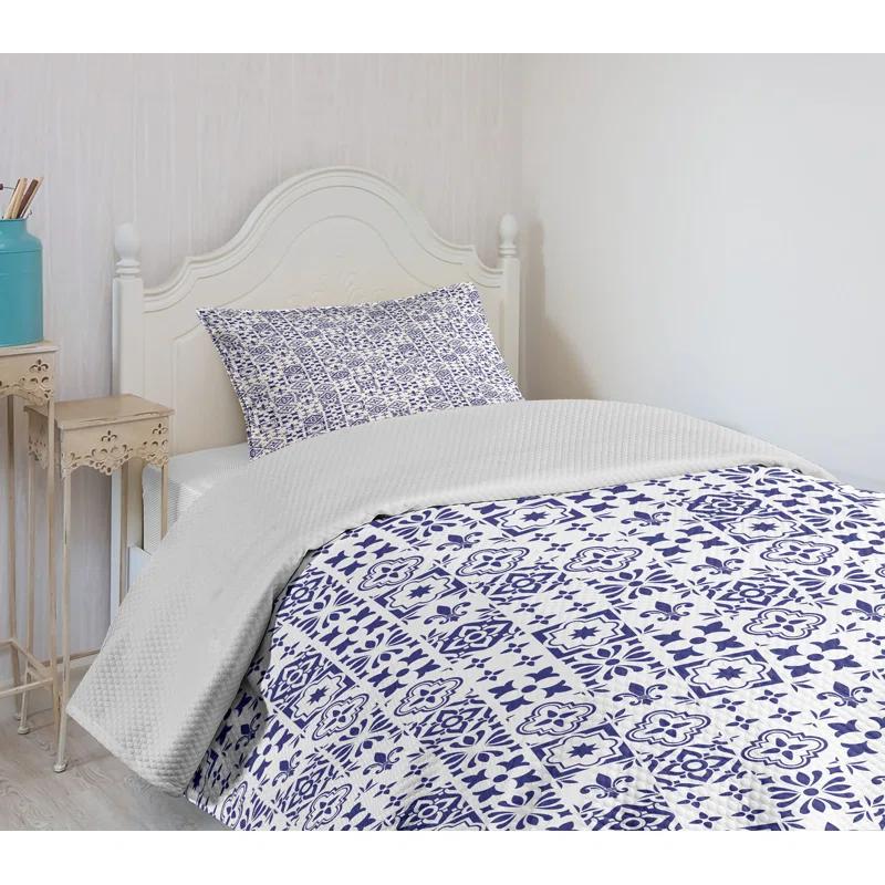 Ambesonne Ambesonne Indigo Bedspread Set  Tile Square Abstract Pattern  Indigo White