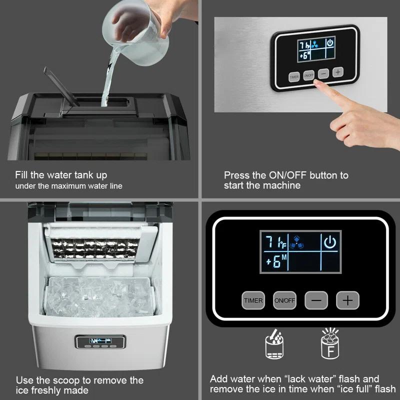 Calorful 48 Lbs Stainless Self-Clean Ice Maker With LCD Display