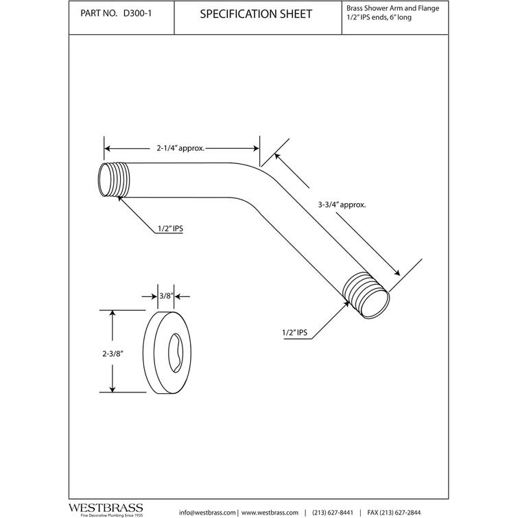 Westbrass 1/2" IPS x 6" Wall Mount Shower Arm with Sure Grip Flange D300-1-01