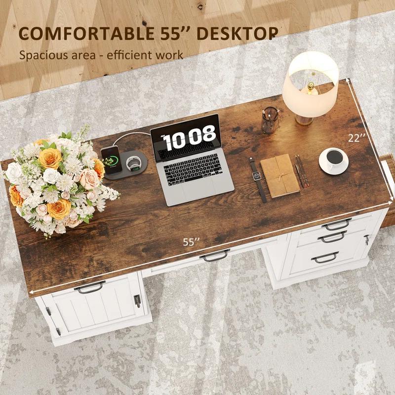 August Grove® 55'' Farmhouse Executive Desk with Drawers, File Cabinet and Power Outlets