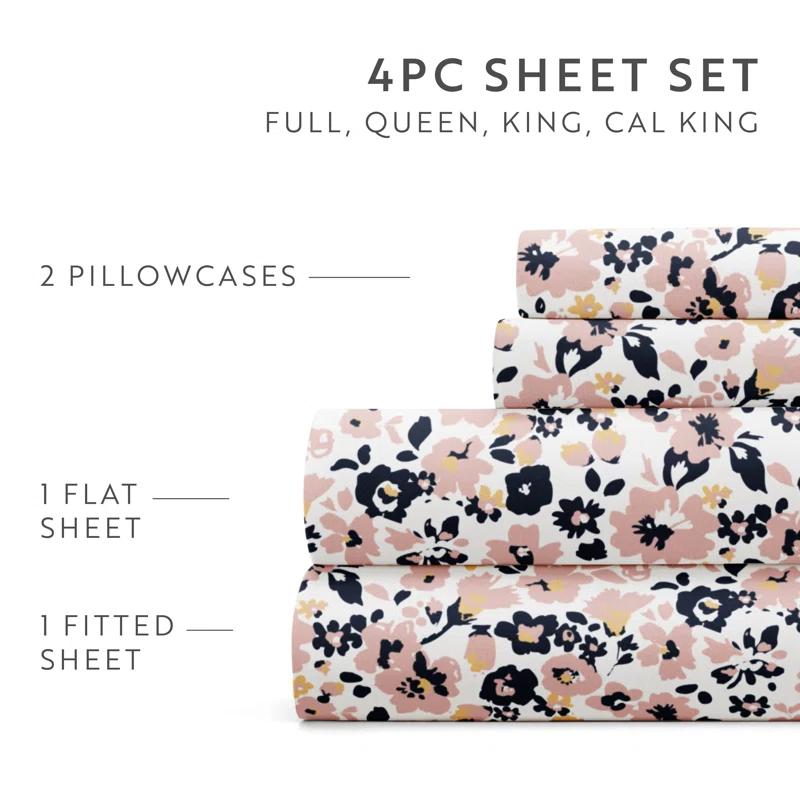 IEnjoy Home 4 Piece Sheet Set Patterned Microfiber Ultra Soft Bedding in Floral Dream